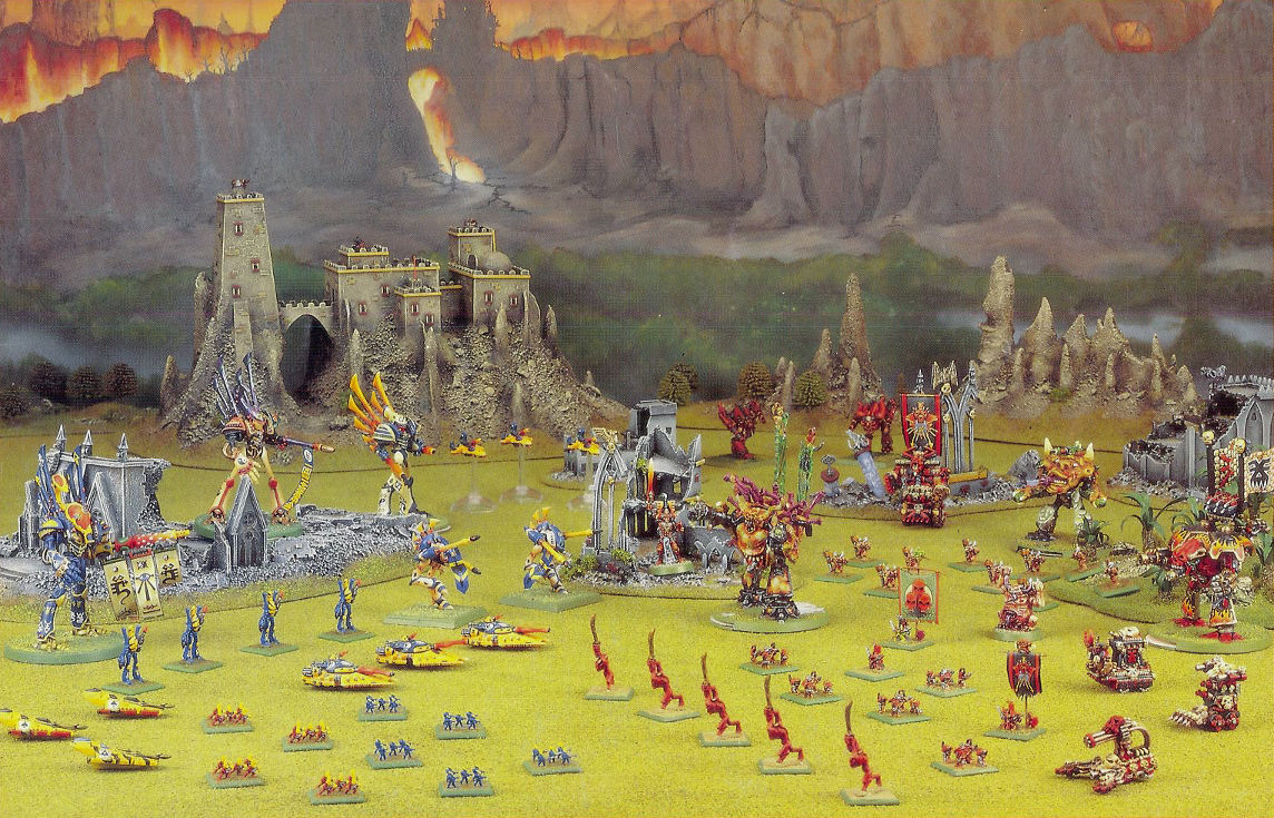 A Chaos army led by Bubonis confronts an Eldar force